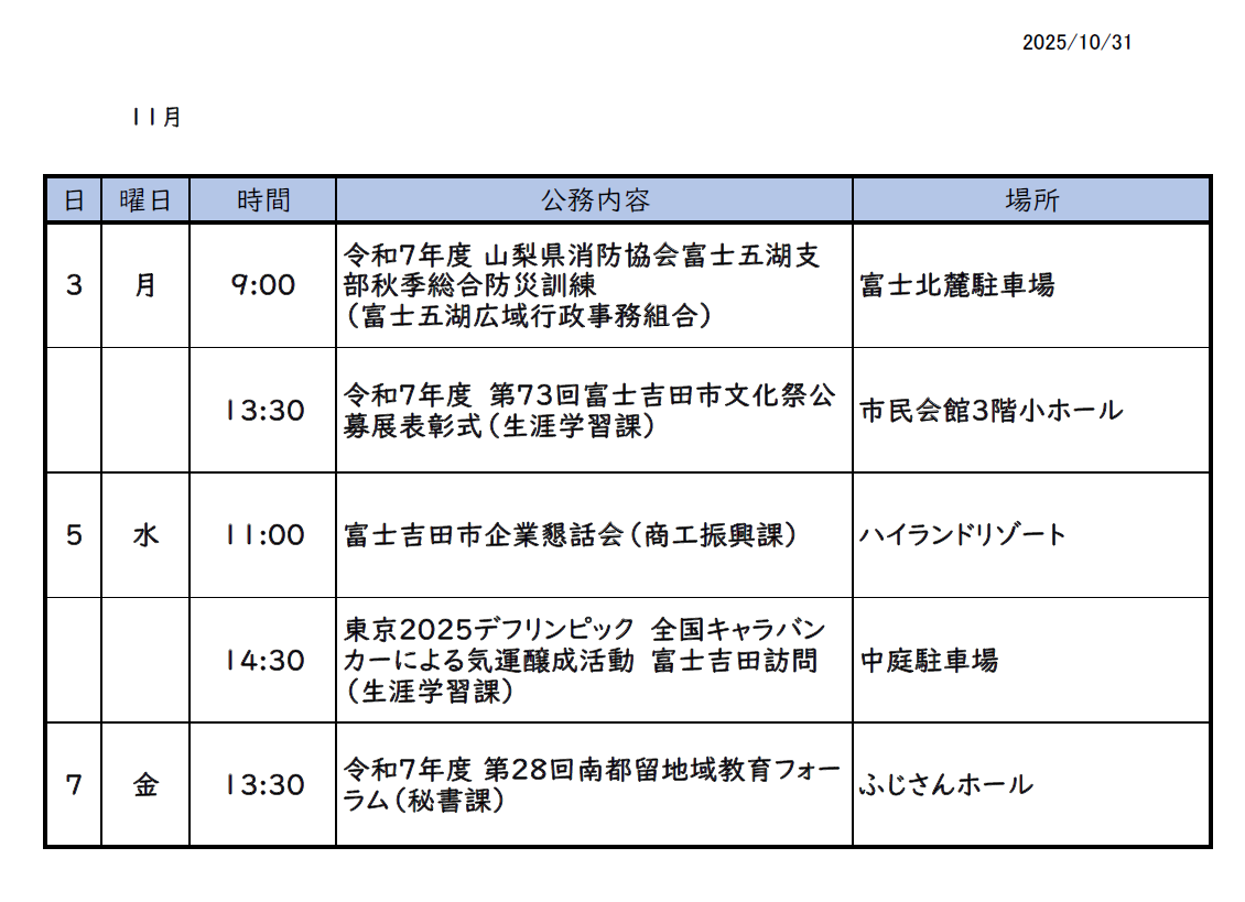 11月3日(月曜日)～11月9日(日曜日)までの市長スケジュール