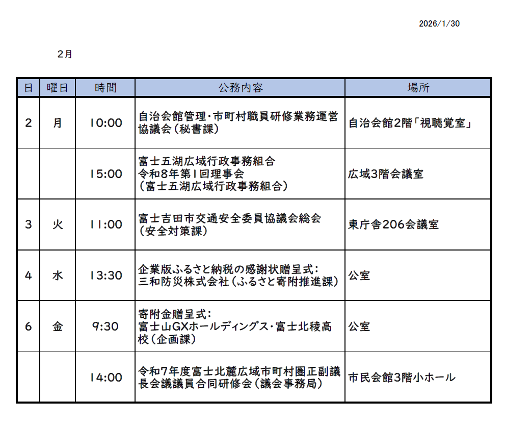 2月2日(月曜日)～2月8日(日曜日)までの市長スケジュール