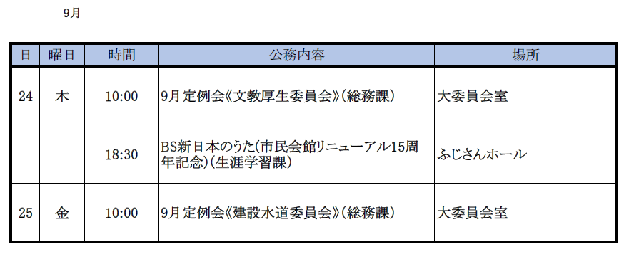 9月21日(月曜日)～9月27日(日曜日)までの市長スケジュール